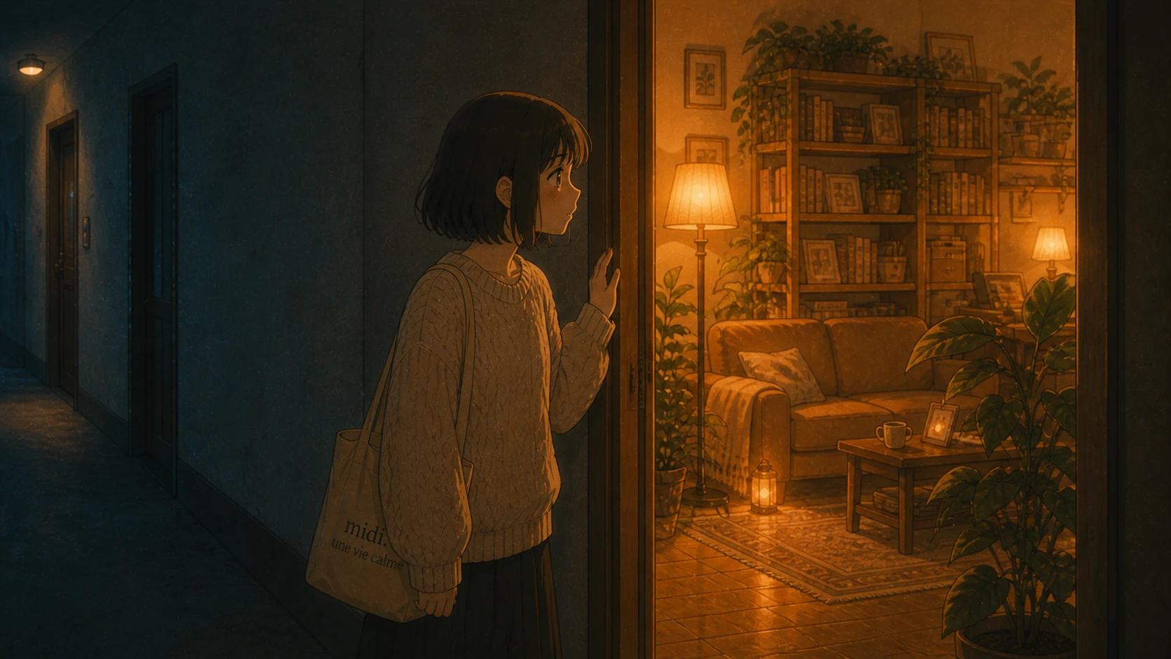 扉の前に立ち、温かい部屋の中をそっと覗き込む女性