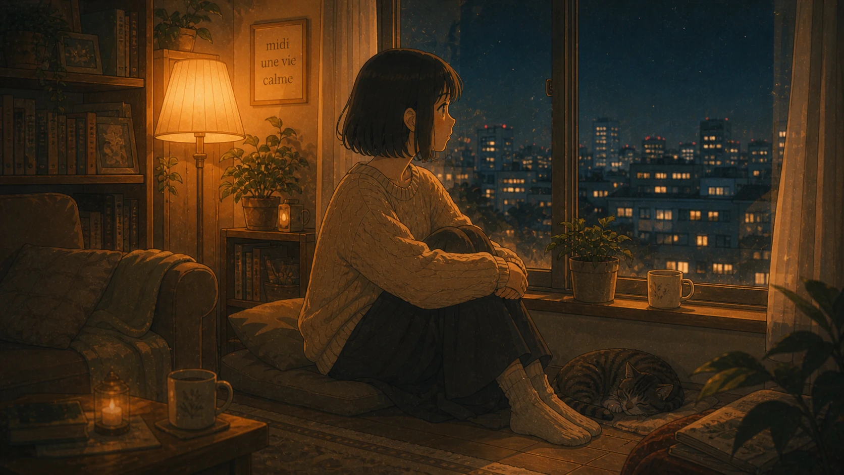 窓辺に腰を落ち着け、夜の街を眺める女性と眠る猫