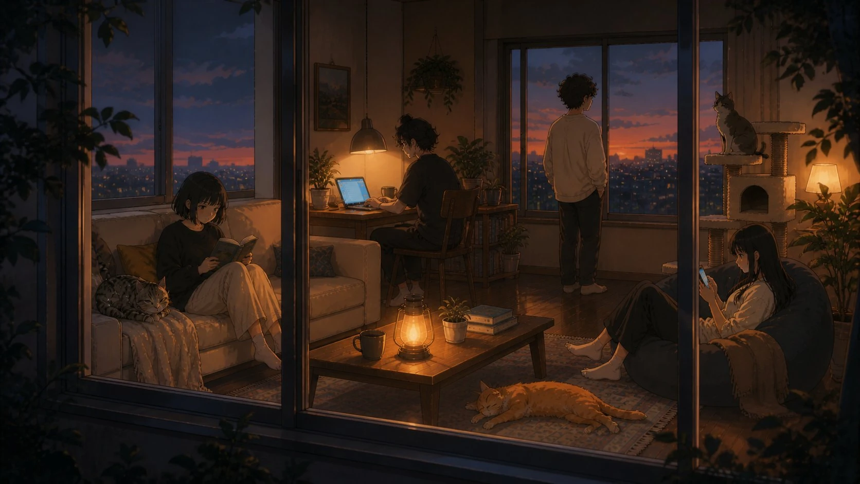 夕暮れの居間で、それぞれの時間を過ごす4人と3匹の猫