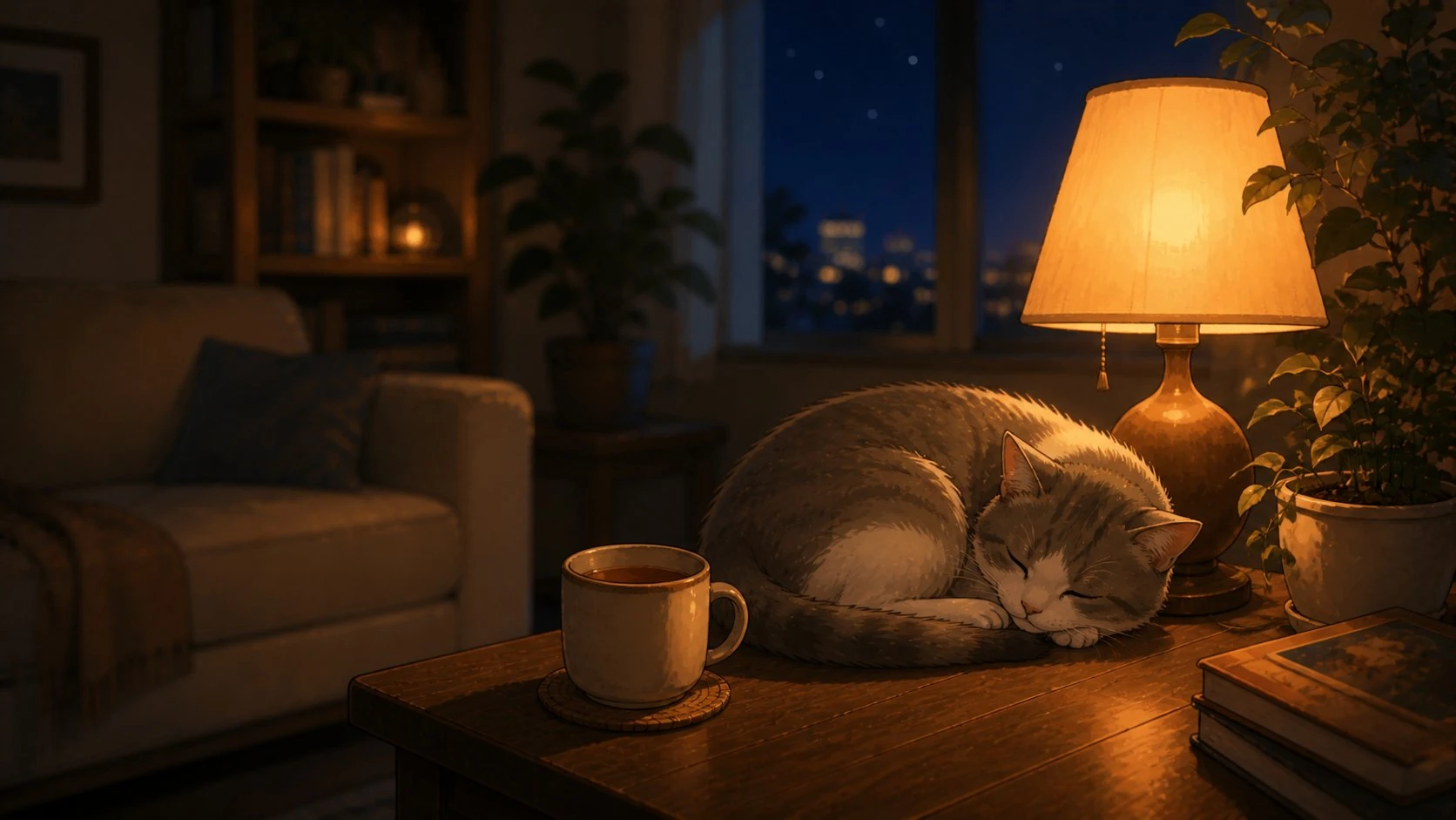 深夜の居間。ランプの灯と、眠る猫と、温かいお茶